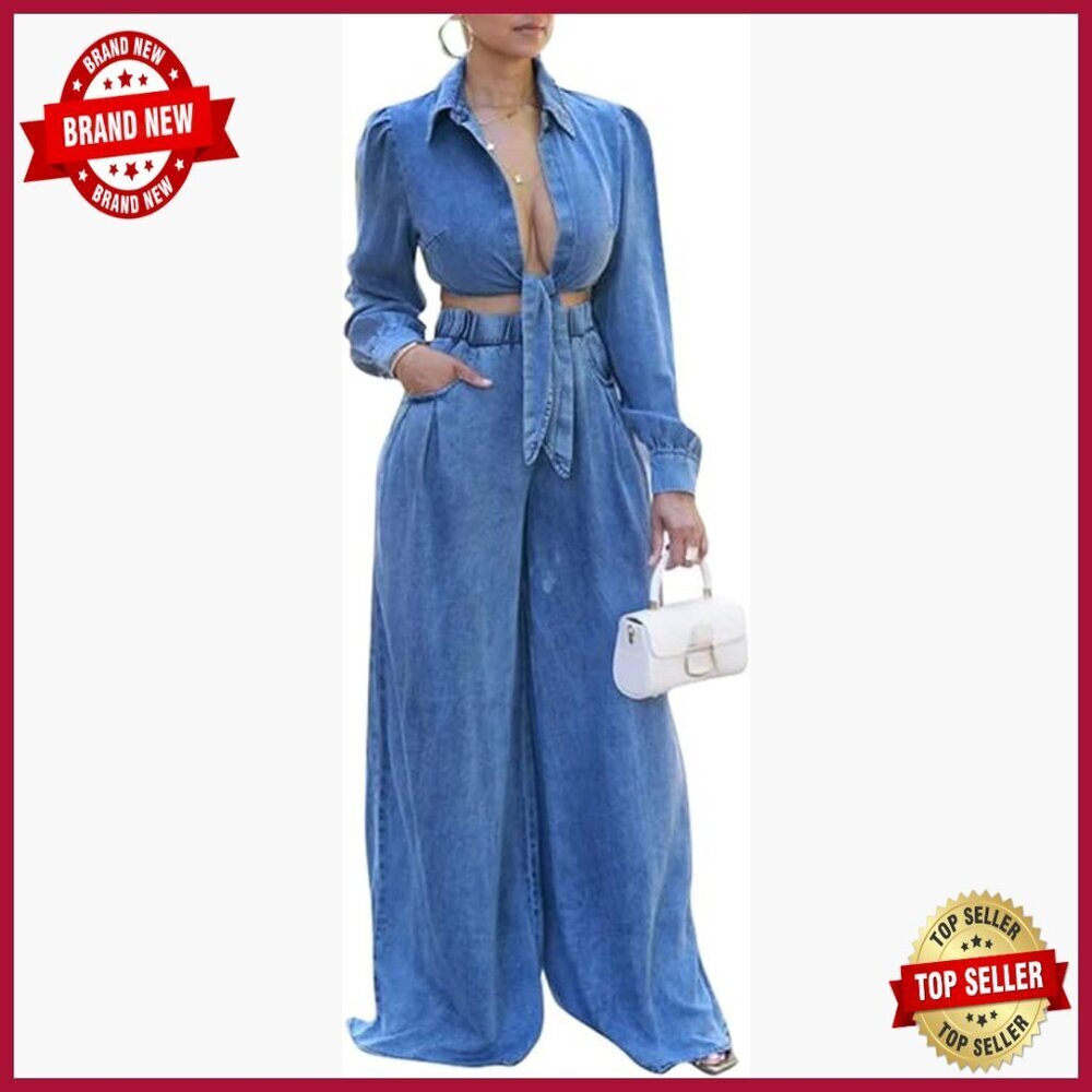 Denim Matching Set Long Sleeve Crop Top Wide Leg Pants Two Piece Outfit